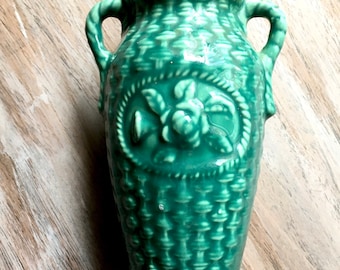 Vintage 40s USA Pottery Vase Green Basket Weave Two Handle Pottery Vase