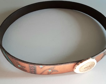 Vintage 70s Hat Band Tooled Leather Accented with Elk Horn Button