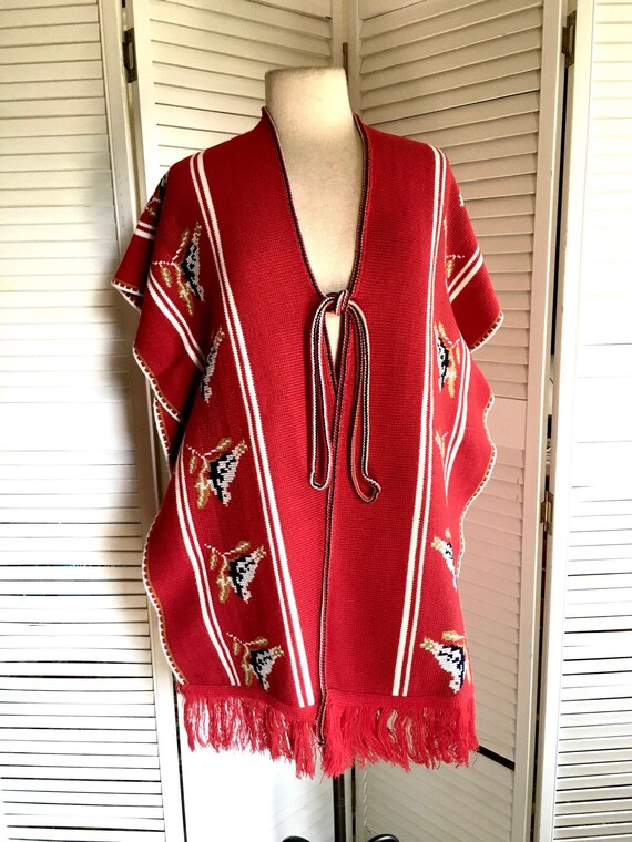 Vintage 70s Red Poncho Red Knit Poncho Accented w… - image 1