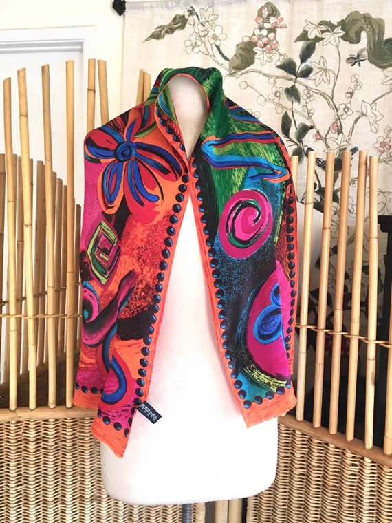 Vintage 80s Oscar De La Renta Silk Scarf Bright C… - image 1