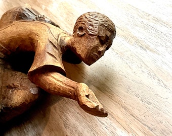 Vintage Hand Carved Wood African Statue Man Begging