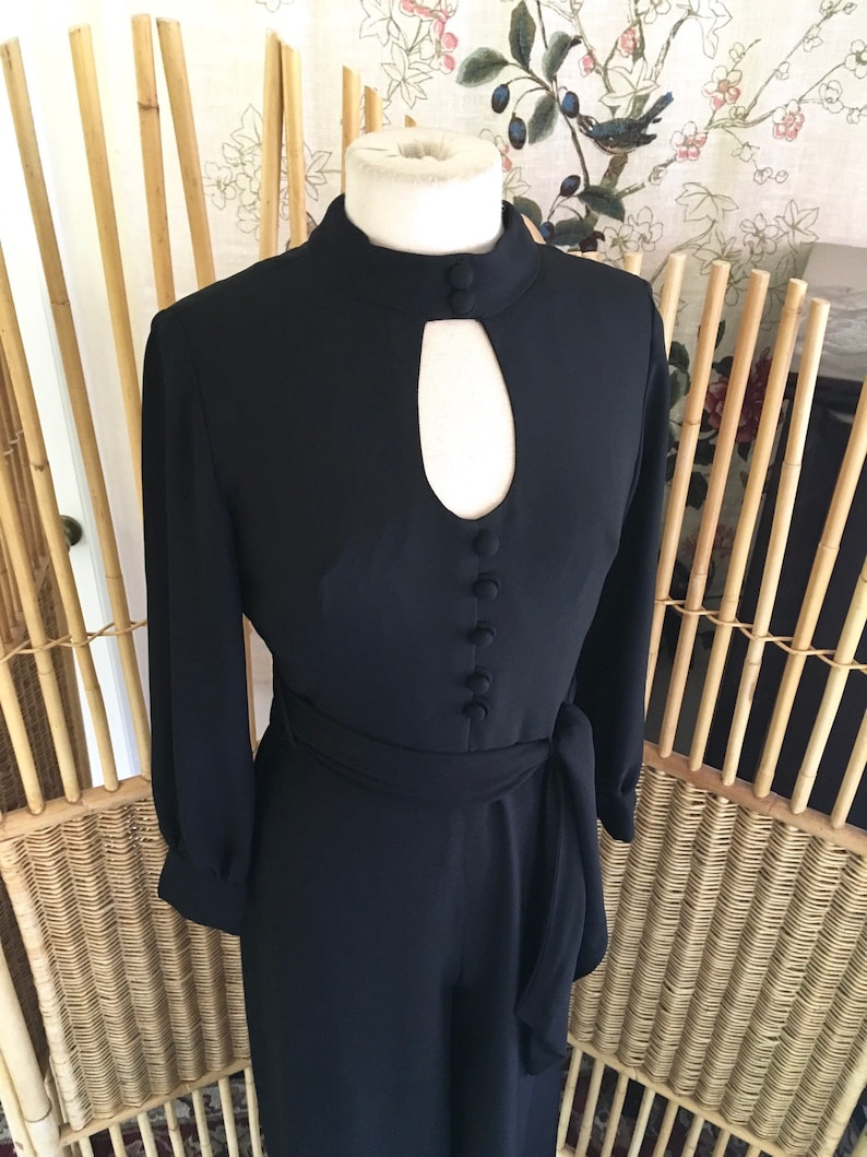 Vintage 70s Black Crepe Palazzo Pant Jumpsuit with Keyhole Bodice