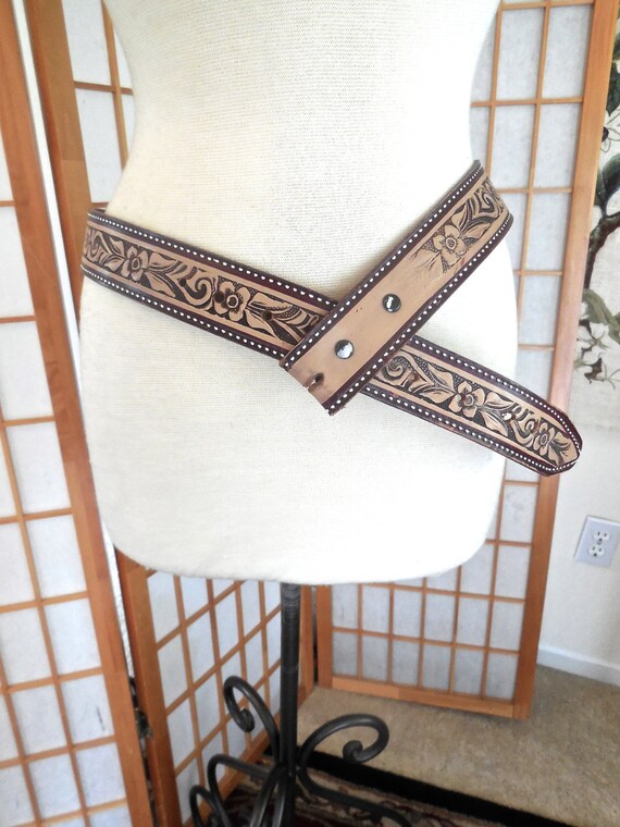 Vintage 80s Hand Tooled Leather Belt Brown and Ta… - image 1