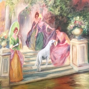 May include: A painting depicting four women in elegant dresses standing on a stone staircase with a white dog. The women are in a garden setting with lush greenery and flowers.