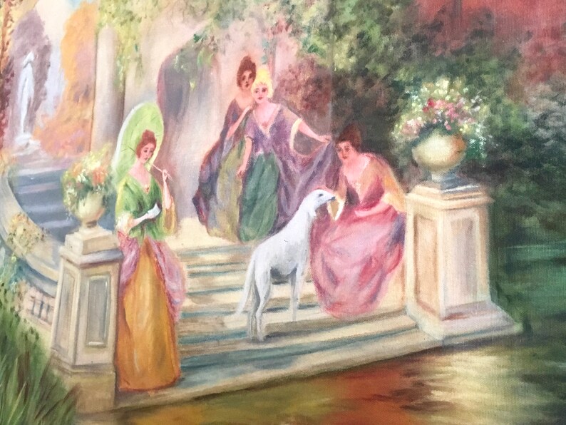 May include: A painting depicting four women in elegant dresses standing on a stone staircase with a white dog. The women are in a garden setting with lush greenery and flowers.