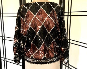 Vintage 70s Sequin Top Black and Copper Diamond Pattern Rob