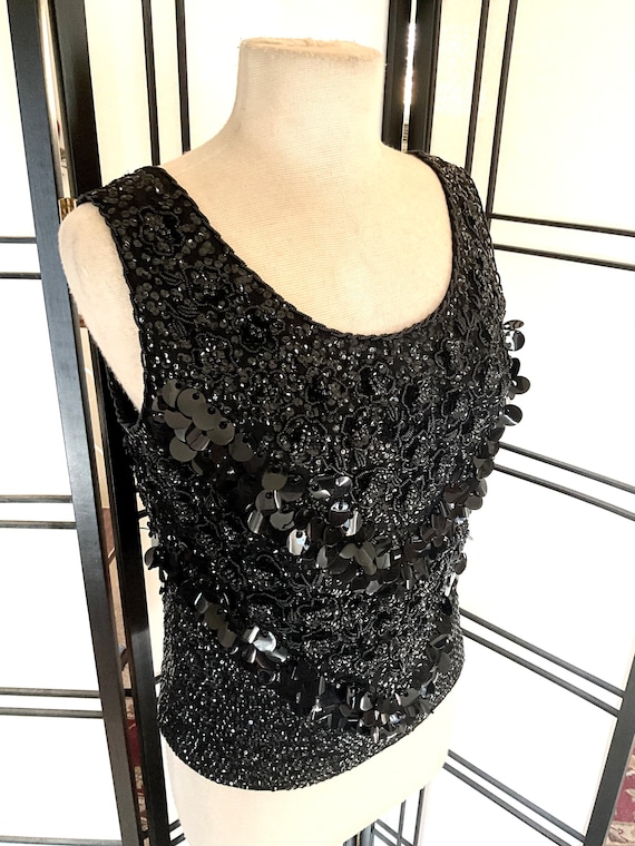 Vintage 60s Black Beaded Knit Shell Top - image 2