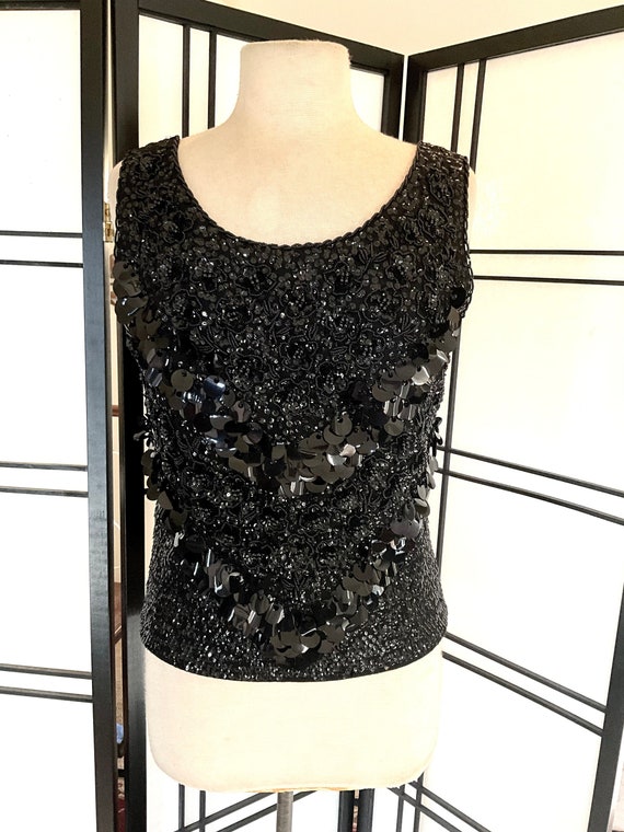 Vintage 60s Black Beaded Knit Shell Top - image 1