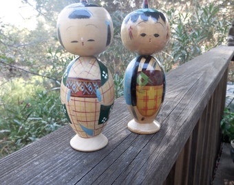 Vintage 50s Japanese Kokeshi Wood Bobble Head Dolls Pair Hand Painted