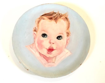 Vintage 40s Hand Painted Boy Portrait on Wood Plaque Baby Boy Wall Plaque