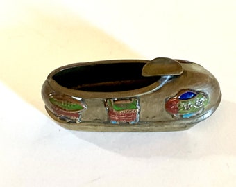 Vintage Brass Chinese Shoe Ashtray Enamel Ashtray