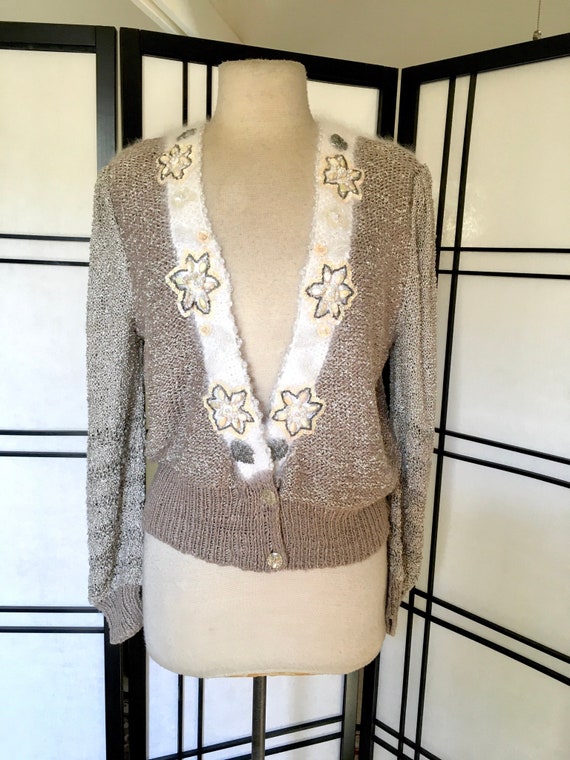 Vintage 80s Hand Knit Cardigan Sweater Embellishe… - image 1