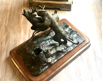 Vintage Bronze Sculpture Mountain Lion Capturing Stag Signed