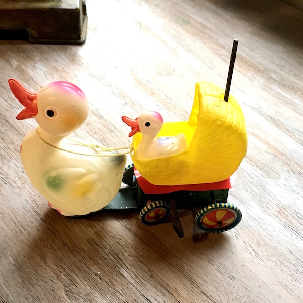 Vintage 50s Wind Up Duck Toy Celluloid Duck with Baby Buggy Toy Made in Japan