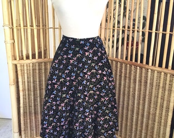 Vintage 50s Circle Skirt Black Velvet Skirt Fanee of California Swallow Bird Print Skirt