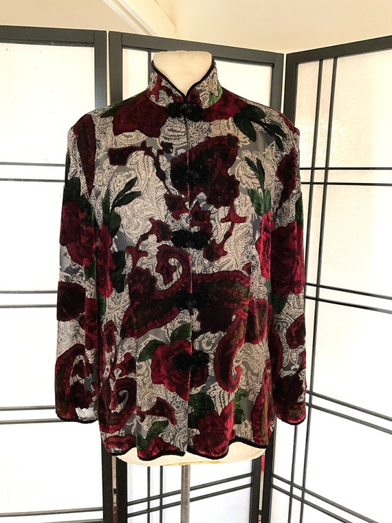 Vintage Burnout Silk Blouse Red Roses Print