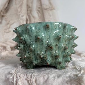 Op de afbeelding: Een ronde keramische plantenpot met een glanzend zeegroen glazuur en een getextureerd oppervlak bedekt met talloze kleine, puntige stekels. De pot heeft een brede opening aan de bovenkant en rust op verschillende korte, geïntegreerde voetjes.