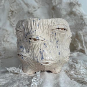 Handmade Ceramic Planter with Eyes – Small Blue Speckled Pot with Drainage Holes