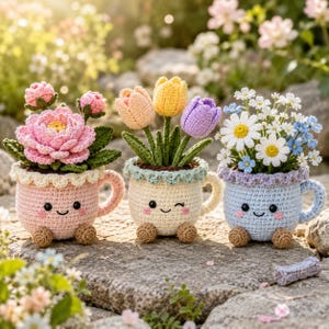 May include: Three crocheted mugs with smiling faces, each containing different flowers. The left mug is pink with a large pink peony, the center mug is cream with three tulips, and the right mug is light blue with white and blue daisies.