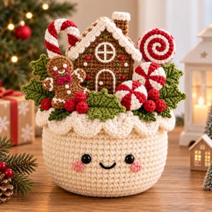 May include: A cream-colored crocheted basket with a smiling face, topped with a gingerbread house, a gingerbread person, a candy cane, red and white peppermint candies, green holly leaves, and red berries, all crafted from yarn.