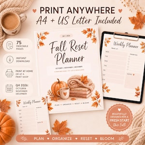 Könnte beinhalten: Ein druckbares Fall Reset Planer-Set für das 4. Quartal 2026. Das Cover zeigt einen Kürbis, eine Tasse und eine Strickdecke mit Herbstblättern. Enthält eine Wochenplaner-Seite auf einem Klemmbrett mit dem Text Print Anywhere A4 + US Letter Included.