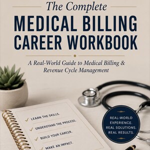 Op de afbeelding: Een spiraalgebonden werkboek getiteld The Complete Medical Billing Career Workbook met een stethoscoop, een zwarte pen en een kleine vetplant. De omslag bevat de tekst Learn the skills, Understand the process, Build your career, Make an impact.
