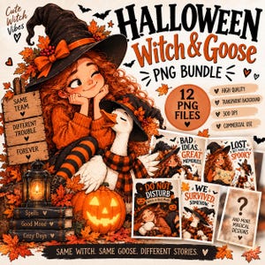 Könnte beinhalten: Ein digitales Grafikpaket mit einer rothaarigen Hexe und einer Gans in passenden Hüten, umgeben von Herbstblättern, einem Kürbis und einer Laterne. Der Text enthält Halloween Witch & Goose PNG Bundle, Same Team, Different Trouble, Forever sowie Phrasen wie Bad Ideas, Great Memories, Lost But Make It Spooky, Do Not Disturb, We Survived Somehow und Same Witch. Same Goose. Different Stories.