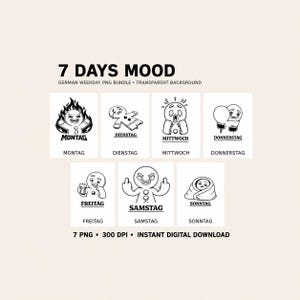 May include: A digital collection titled 7 DAYS MOOD featuring seven black and white line art illustrations of gingerbread characters representing each day of the week in German, including Montag, Dienstag, Mittwoch, Donnerstag, Freitag, Samstag, and Sonntag.