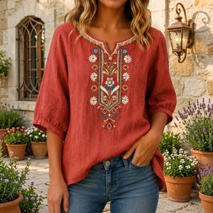 May include: A rust-colored blouse featuring a V-neckline and three-quarter length sleeves. The garment is decorated with a central vertical panel of intricate floral embroidery in shades of white, blue, green, and yellow, extending from the neckline.