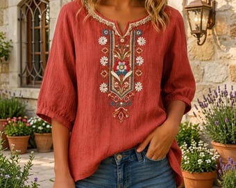 Bluzka damska z haftowanej bawełny lnianej, tunika w kwiaty w stylu boho, swobodny top w stylu wiejskim, koszula vintage