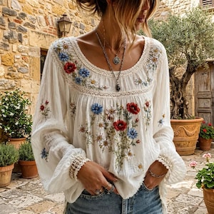 Peut inclure: Un chemisier blanc à manches longues avec une encolure ronde et une broderie florale complexe dans des tons de rouge, bleu et jaune. Le vêtement présente des détails en dentelle délicate le long de l'encolure et des poignets, avec une coupe ample.