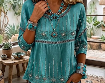 Boho-Tunika-Top für Damen mit Blumenmuster – Vintage-Bluse im Western-Stil mit Print, lässiges, locker sitzendes Sommer-Shirt