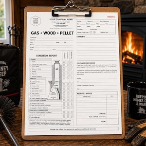 May include: A brown wooden clipboard holding a white chimney sweep condition report form with black text and a diagram. The form includes sections for customer details, gas, wood, and pellet stove information, and a customer verification area.