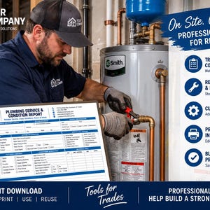 May include: A digital plumbing service and condition report form template featuring blue and white text, checkboxes, and fields for customer information, service details, and water heater specifications, designed for professional trade use.