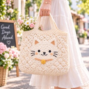 May include: A cream-colored crochet tote bag featuring an intricate floral pattern and a central cat face design. The cat has black embroidered eyes, a nose, whiskers, and a light orange collar with a small yellow bell attached to the front.