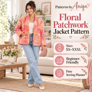 Cartamodello per giacca patchwork floreale / Cappotto trapuntato da donna / Giacca per principianti / XS–XXXL / A4, US Letter + A0 / Download immediato