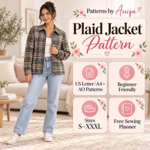 Peut inclure: Un patron de couture pour une veste à carreaux par Patterns by Aniqa. Le graphique inclut le texte : Plaid Jacket Pattern, US Letter/A4 + AO Patterns, Beginner-Friendly, Sizes S-XXXL, et Free Sewing Planner, orné de fleurs roses.
