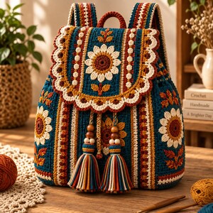 May include: A crochet backpack featuring a deep blue base with intricate sunflower motifs in cream and brown. The bag includes a scalloped flap edge, vertical striped patterns, and two large decorative tassels with wooden beads at the drawstring closure.