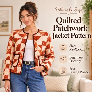 Quilted Jacket Sewing Pattern for Women | Zip Front Coat with Patch Pockets | XS–XXXL , A4, US Letter & A0