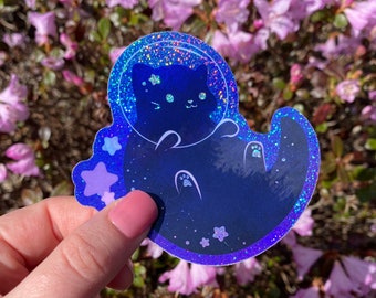 Glitter Space Cat - Waterproof Holographic Vinyl Sticker