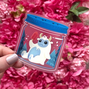 Baby Yeti and his icy treat in a jar - clear waterproof vinyl sticker