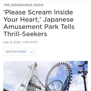 May include: A large Ferris wheel with red seats against a blue sky. The Ferris wheel is part of an amusement park. The text 'Please Scream Inside Your Heart' is visible in the image.