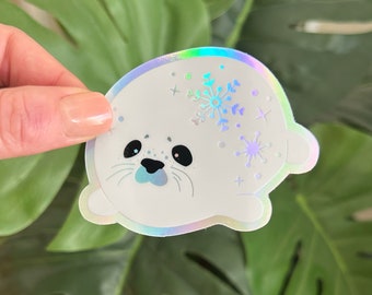 Baby Chonky Snowflake Harp Seal Pup - holographic waterproof vinyl sticker
