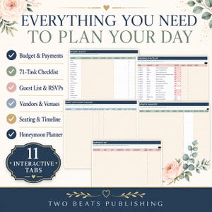 May include: A digital wedding planner template featuring the text EVERYTHING YOU NEED TO PLAN YOUR DAY. It includes sections for Budget & Payments, a 71-Task Checklist, Guest List & RSVPs, Vendors & Venues, Seating & Timeline, and a Honeymoon Planner.