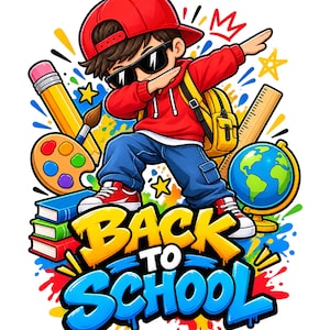 May include: A cartoon illustration of a student wearing a red hoodie, blue jeans, red trainers, and a cap, performing a dab pose. The image includes school supplies like a globe, books, a pencil, and a ruler, with the text BACK TO SCHOOL.