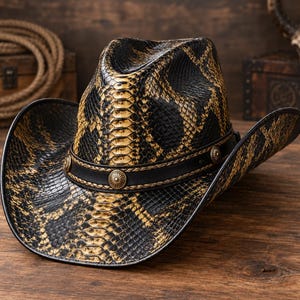 Snake Print Cowboy Hat, Exotic Western Leather Hat, Unisex Rodeo Hat, Vintage Western Style, Cowboy Gift