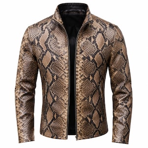 Men's Snakeskin Leather Jacket, Brown Python Print Biker Jacket, Genuine Leather Moto Jacket, Stylish Western Outerwear