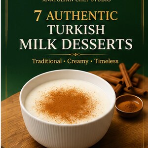 Può includere: Una ciotola bianca a coste riempita con un dessert al latte bianco cremoso guarnito con cannella in polvere. Accanto alla ciotola ci sono bastoncini di cannella e un piccolo contenitore di cannella. Il testo recita: ACS ANATOLIAN CHEF STUDIO 7 AUTHENTIC TURKISH MILK DESSERTS Traditional Creamy Timeless TRADITIONAL RECIPES MADE WITH LOVE.