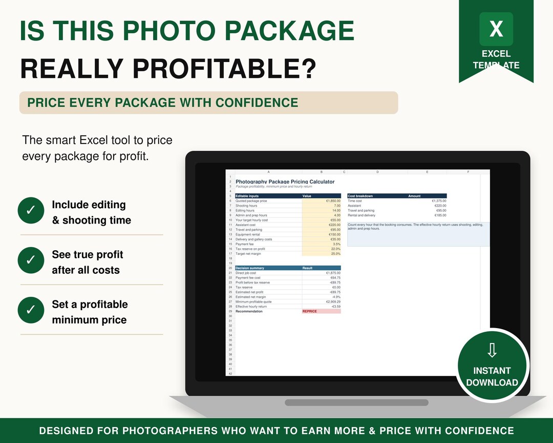 Photography Pricing Calculator | Excel Spreadsheet for Package Costs ...