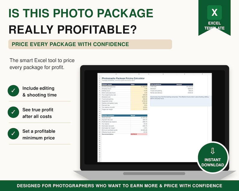 Photography Pricing Calculator | Excel Spreadsheet for Package Costs ...